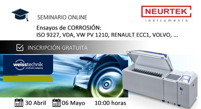 Webinar Gratuito: Ensayos de Corrosión: ISO 9227, VDA, VW PV1210, RENAULT ECC1, VOLVO...
